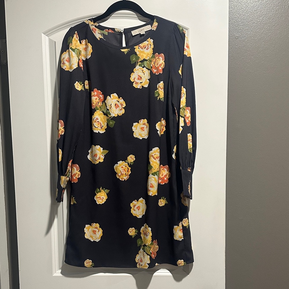 LOFT Dark Gray Dress with Yellow Floral Print